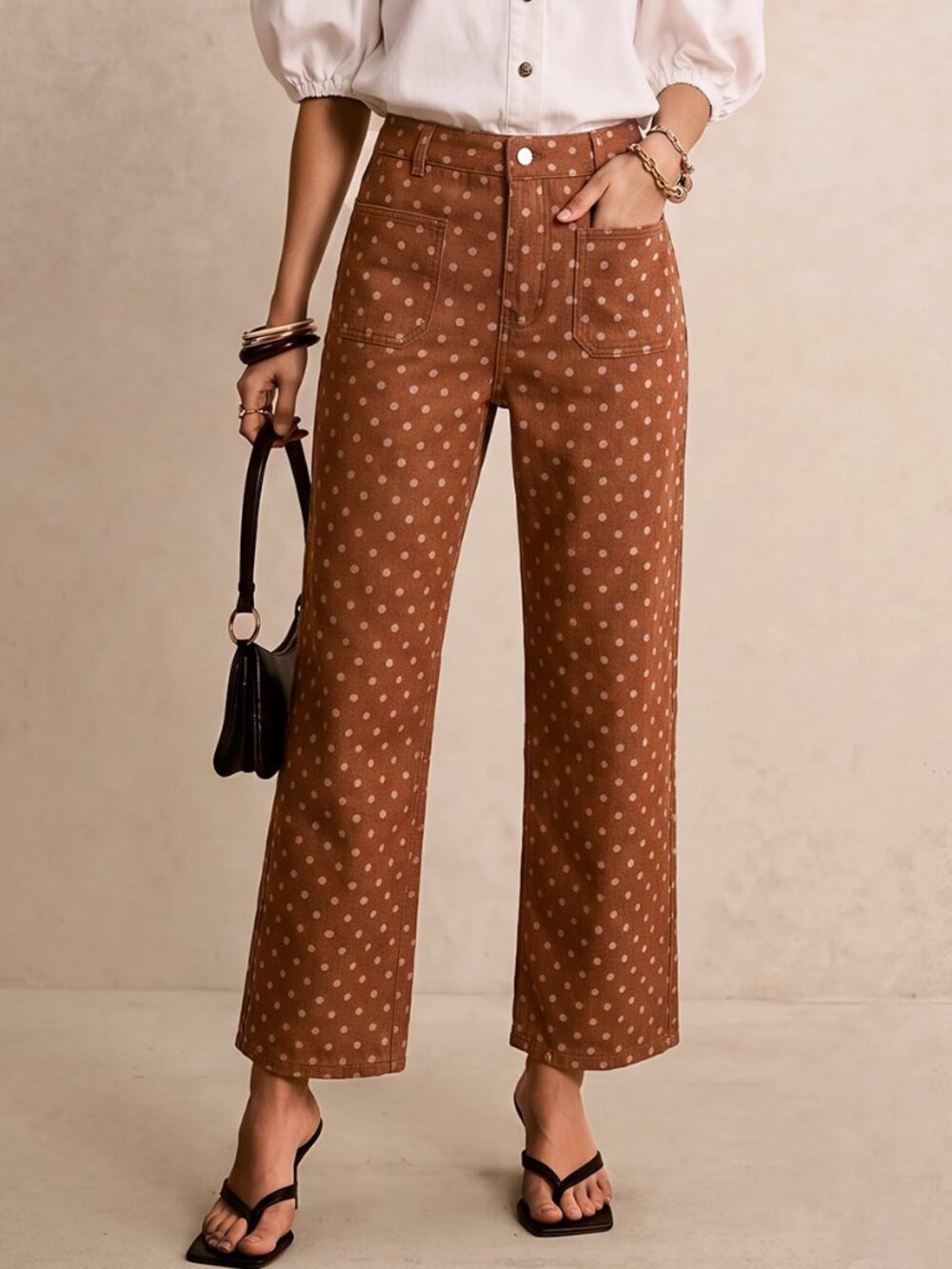 Brown Elegant Women's Button Pocket Cropped Straight Leg Jeans - Picture 4 of 4